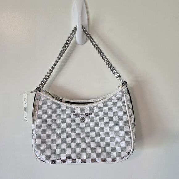 Michael Kors Jet Set Charm Checkered Sequins Pouchette Shoulder BagSilver NEW
